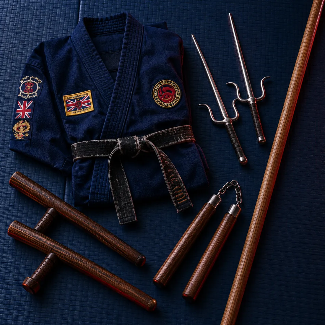 Le armi del Kobudo, bo, nunchaku, sai e tonfa, disposte su un tessuto blu accanto alla divisa.