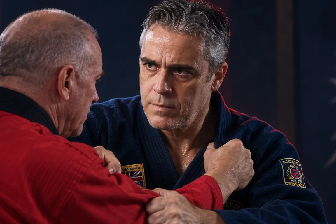 Il maestro in divisa blu e un allievo in giacca rossa in una presa ravvicinata al bavero.