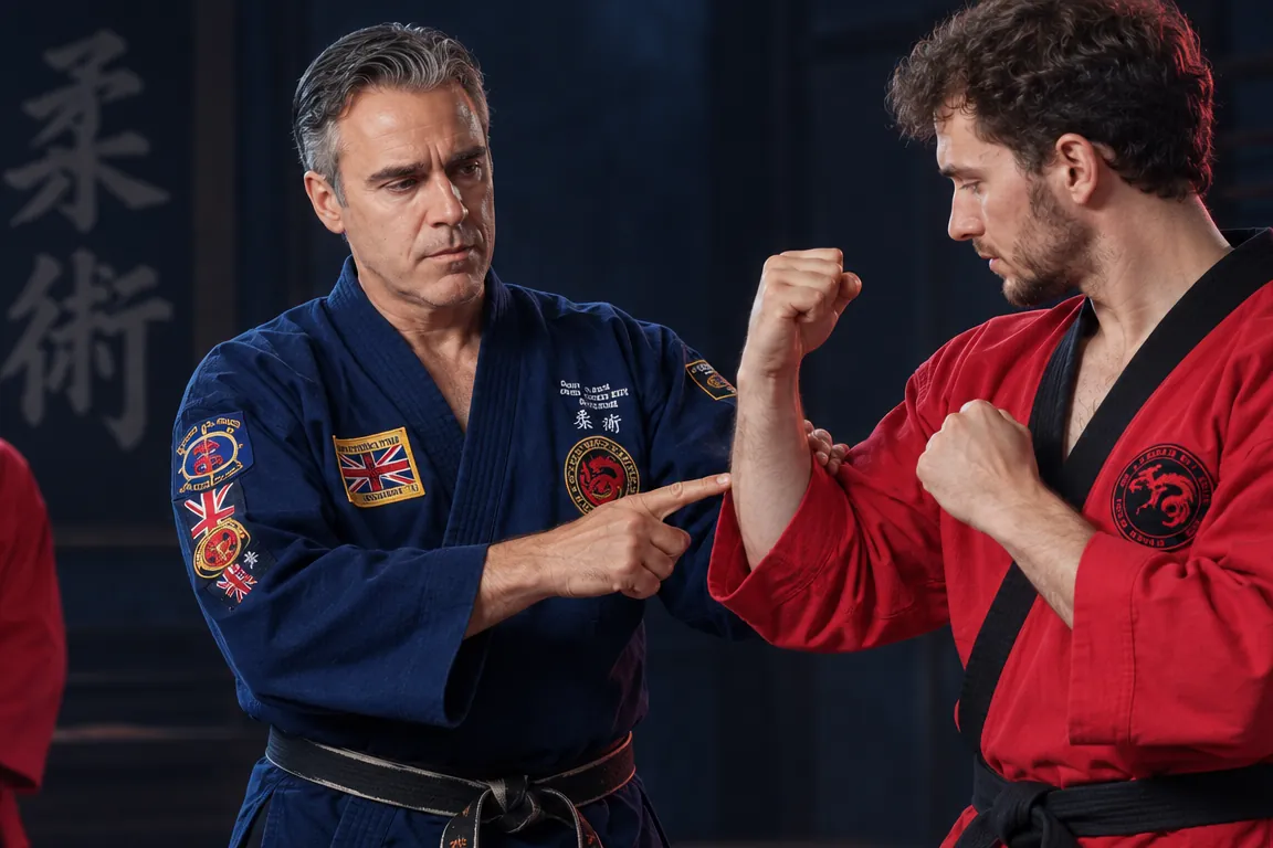 Il maestro in divisa blu guida un allievo nella posizione di guardia.