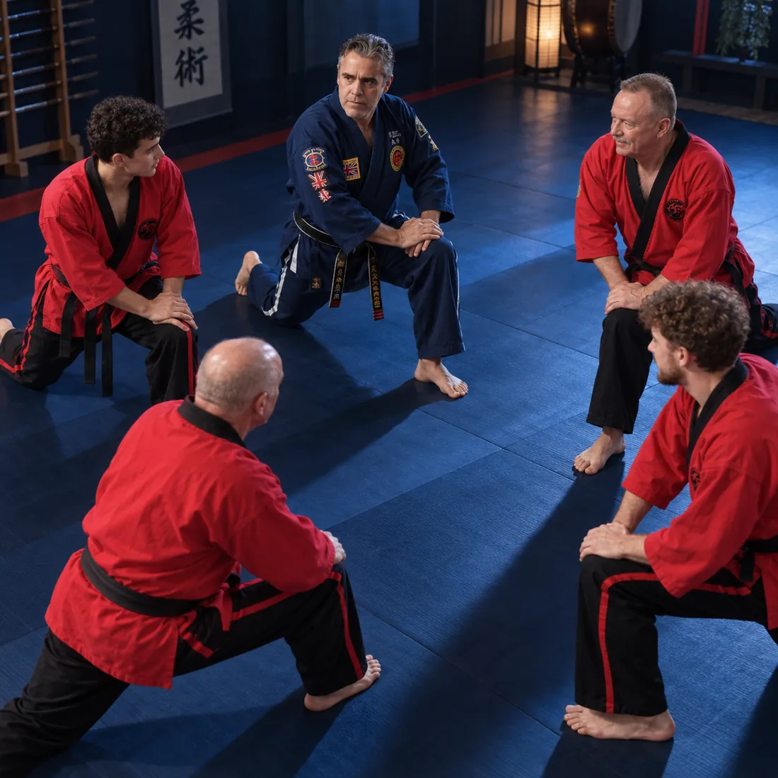 Il gruppo si riscalda sul tatami con esercizi di mobilità guidati dal maestro.