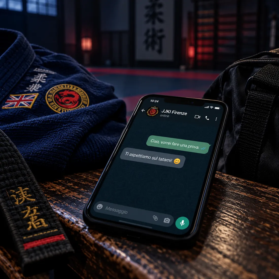 Uno smartphone con una chat WhatsApp sulla panca, accanto alla divisa blu.