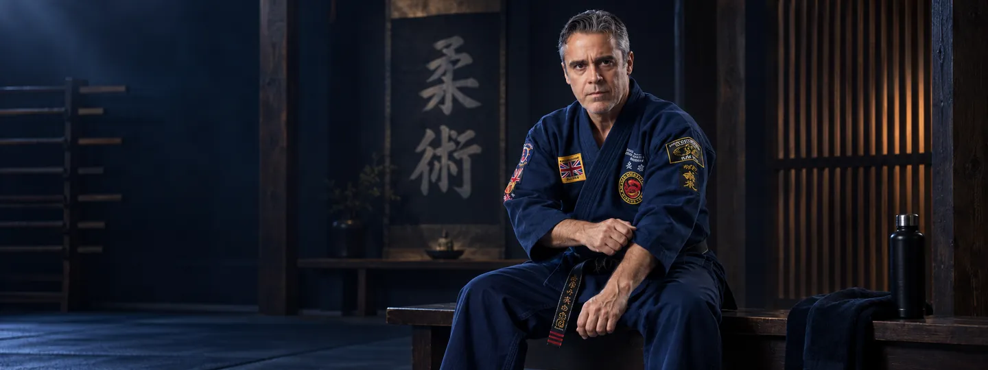 Il maestro in divisa blu seduto nel dojo, in un momento raccolto prima dell’allenamento.