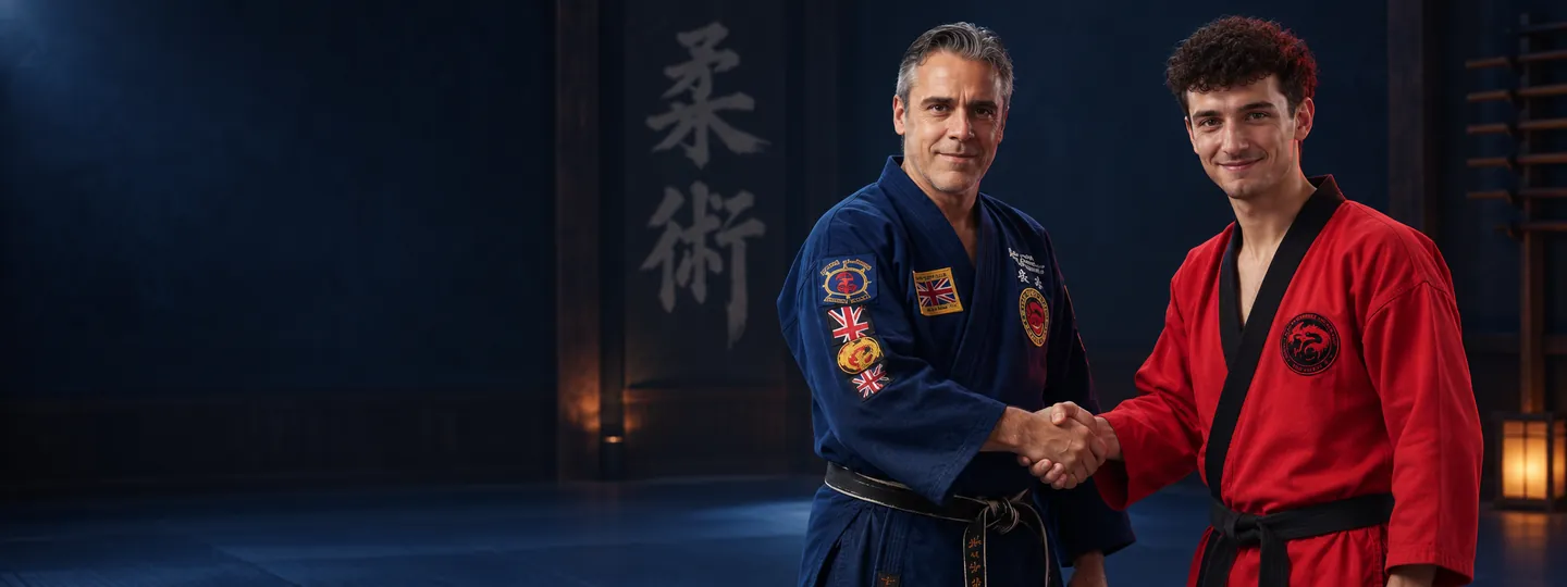 Il maestro in divisa blu accoglie con una stretta di mano un nuovo allievo in giacca rossa.
