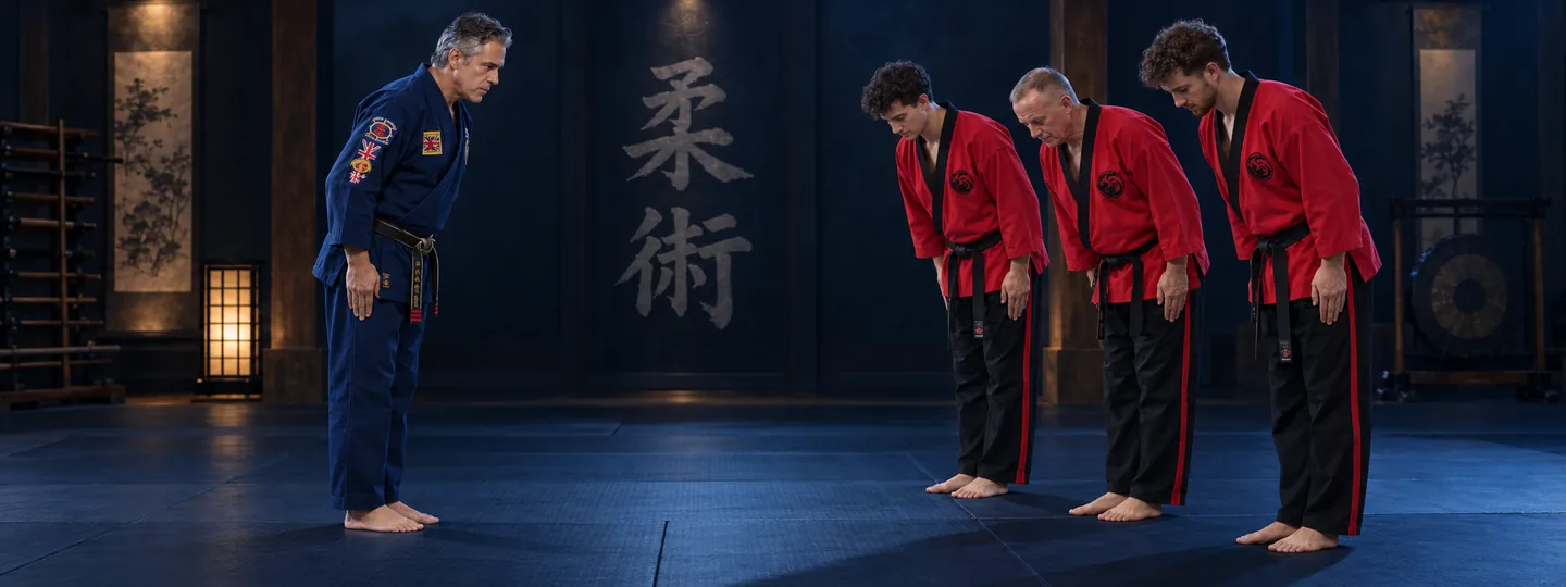 Il maestro in divisa blu e gli allievi in giacca rossa si salutano sul tatami prima dell’allenamento.