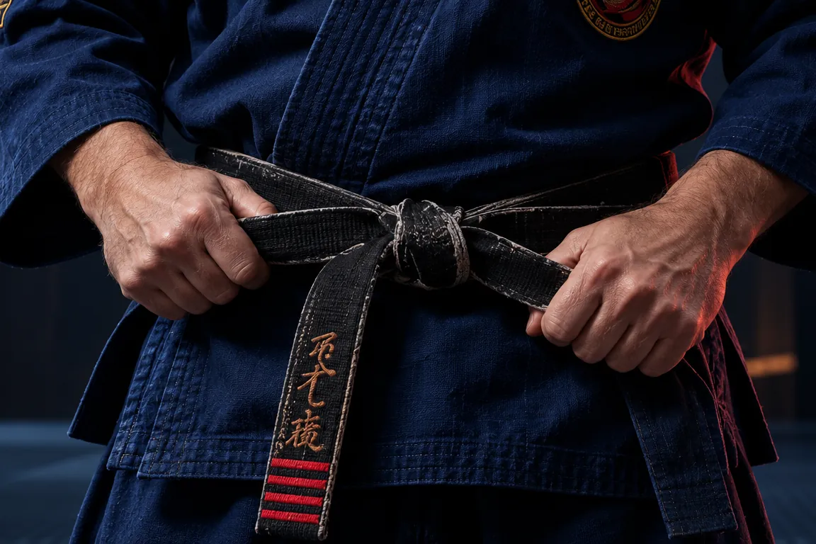 Le mani del maestro stringono il nodo della cintura nera sulla divisa blu.