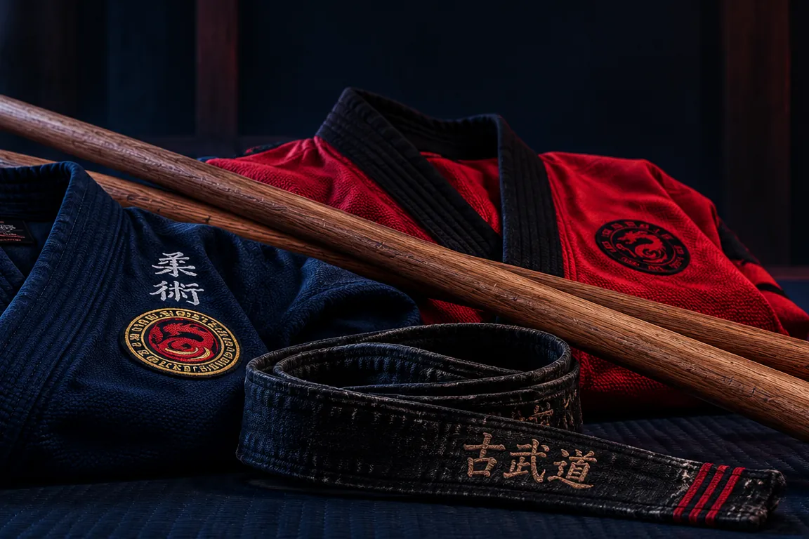 Bastoni da allenamento del Kobudo e tessuti blu e rossi sul tatami.