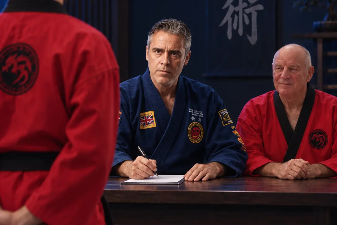 Un allievo in giacca rossa davanti al tavolo dei due maestri della sede, sul tatami.