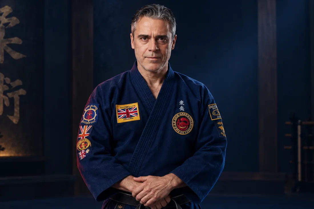 Il maestro della scuola in divisa blu, con lo stemma sul petto, seduto nel dojo.